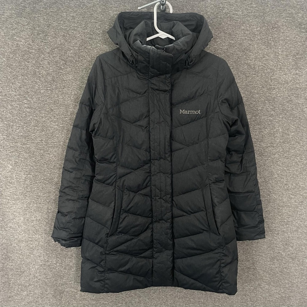 Marmot Down Puffer Coat Womens Small Black 700 Fill Hooded Long Parka Warm